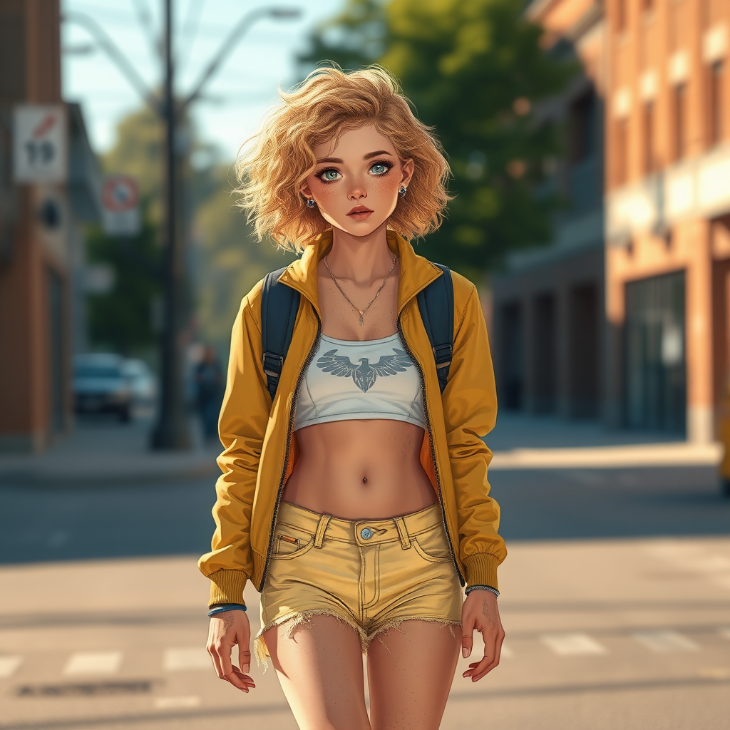 Ultra Realistic taken photo style image, Extremely good quality 8k resolution drawn manga image of a 15 year old petite and short tomboy girl with golden blonde curly hair with mixed and different colored eyes for each eye and moles on her entire body and is a white American girl, Has on a Gold Jacket over a white extremely short crop top only covering her breasts and nothing more with a design on it, and has on ripped shorts and cool looking sneakers with a deep and big injury scar on her stomach with a bright color backpack, ear piercings on, walking on the street to school in the morning with the beautiful sunlight lighting up her body beautifully.