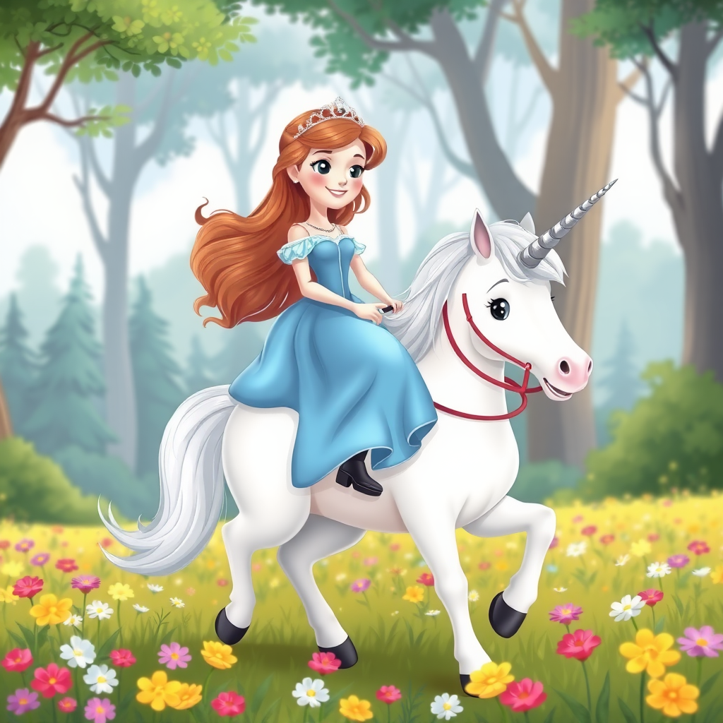 A cartoon princess in a blue dress riding a unicorn with a silver horn without bridle through a field of flowers in a forest clearing