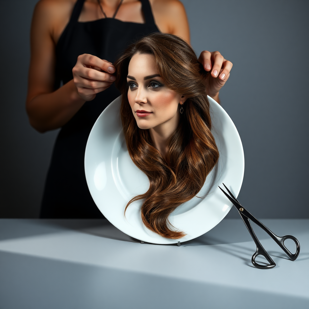 In a strikingly surreal scene, a beautifully crafted porcelain plate holds the disembodied head of a graceful Kate Middleton, her long, flowing hair cascading around like a luxurious waterfall of silky strands, shimmering in various shades of deep chestnut. Each hair seems to catch the light, creating an almost ethereal glow. Nearby, a meticulous hairdresser, dressed in a sleek black apron, carefully snips away at Kate's locks with precision scissors, their actions fluid and deliberate, emphasizing the delicate artistry of the moment.

The setting boasts minimalist decor, with a plain gray background that heightens the focus on this bizarre tableau. Soft shadows play across the smooth surface of the plate, enhancing the haunting beauty of Kate's serene expression, which conveys both elegance and an uncanny sense of stillness. The atmosphere is a blend of surreal calm and unsettling intrigue, pulling the viewer into a dreamlike space where reality and imagination intertwine. Gentle noises of scissors softly clipping away hair are the only sounds in this peculiar yet captivating scenario, heightening the tension and drawing viewers into this striking juxtaposition of beauty and the bizarre.