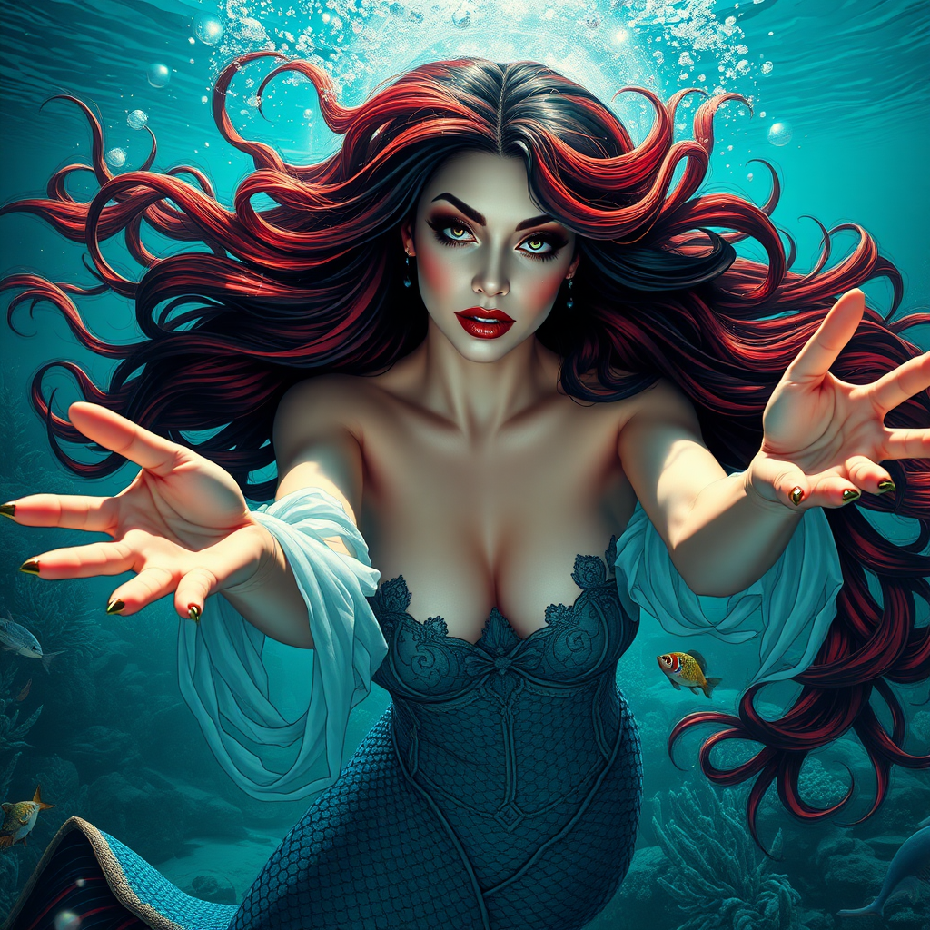 Vampirella as a mermaid underwater amazing loose flowing hair floating in a nimbus around her beautiful face her arms outstretched towards the viewer and she's looking down into the viewer's eyes making intense eye contact. loose fitting diaphanous. Burlesque. Stunning undersea life details plants and fish and other creatures of the sea. Powerful three dimensional graphic effects. Depth of frame photographic techniques.