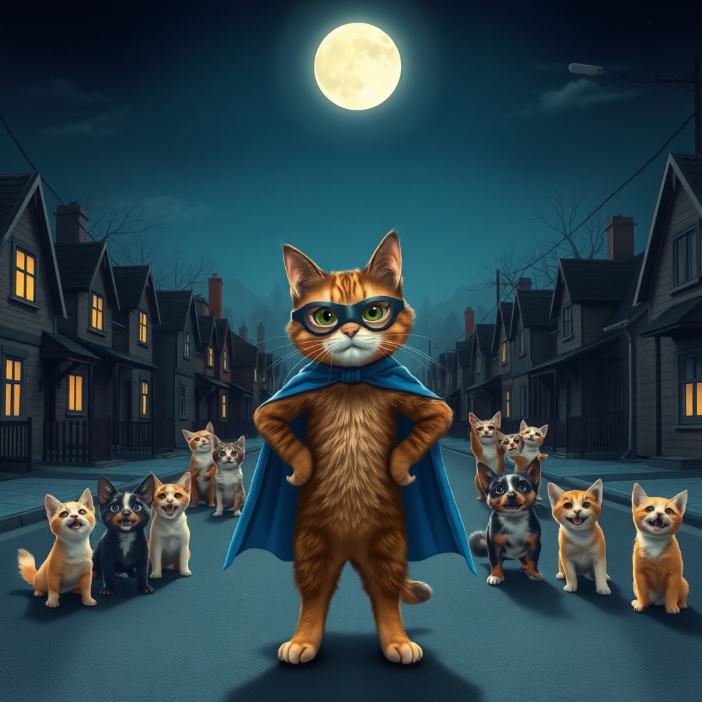 Depict a nighttime scene in a quiet small town. In the middle of the empty street stands a cat named Kiki, wearing a blue cape and a black mask, ready to act as a superhero. Behind her, the rooftops of houses and a bright full moon shine in the sky. In the background, several small cats cheer joyfully, while a group of frightened naughty dogs looks on. The atmosphere is dramatic and full of energy, highlighting the superhero elements.