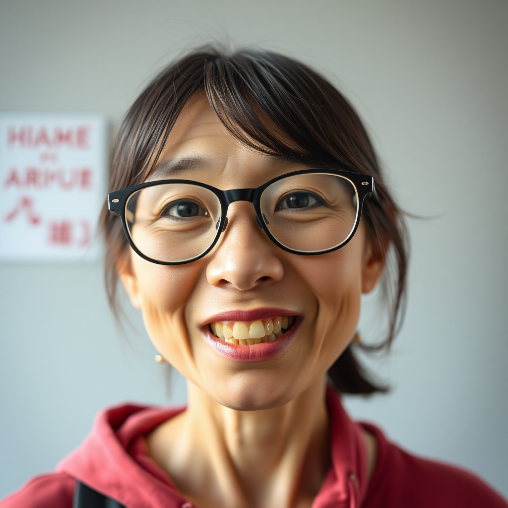 real casual photo, japanese nerdy skinny adult woman with big nose, big mouth, big yellowish teeth, moles, big eyeglasses and medium hair, serious expression