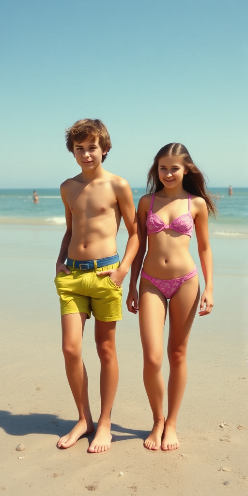 A vintage photo, 1970s. A skinny 14yo teen boy and girl. On beach. British. Long legs, bare thighs. Hot summer. Full length view.