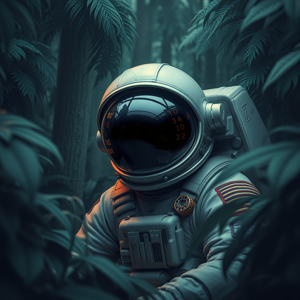 Astronaut in a jungle, cold color palette, muted colors, detailed, 8k