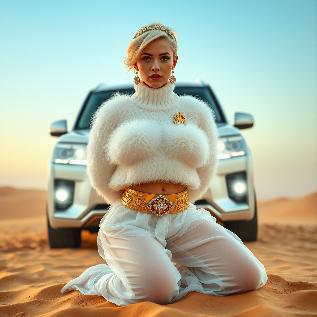 Kuwait desert dunes misty dawn, full size luxury SUV: Melissa, European 17 years old very convincing femboy “trophy-bimbo”, tamed servile docile, very beautiful feminine flawless face, rather short, by hormones very curvaceous womanly figured, platinum blond short tight curls, bold red lips, heavily made-up face, wearing Supertanya-style fluffy very fuzzy bright white angora turtleneck-poncho cropped ending under bust decorated with pearls and gemstones, striking oriental wide gold bridal protection belt, white fully transparent harem pants, full Oriental bridal jewelry including headpiece, nose-ring, coin anklets, striking diamond “$$$” letter brooch on left chest, pout frustrated, hands tied behind back, kneeling in sand in front of SUV, looking at camera. Focus on face and turtleneck-poncho.