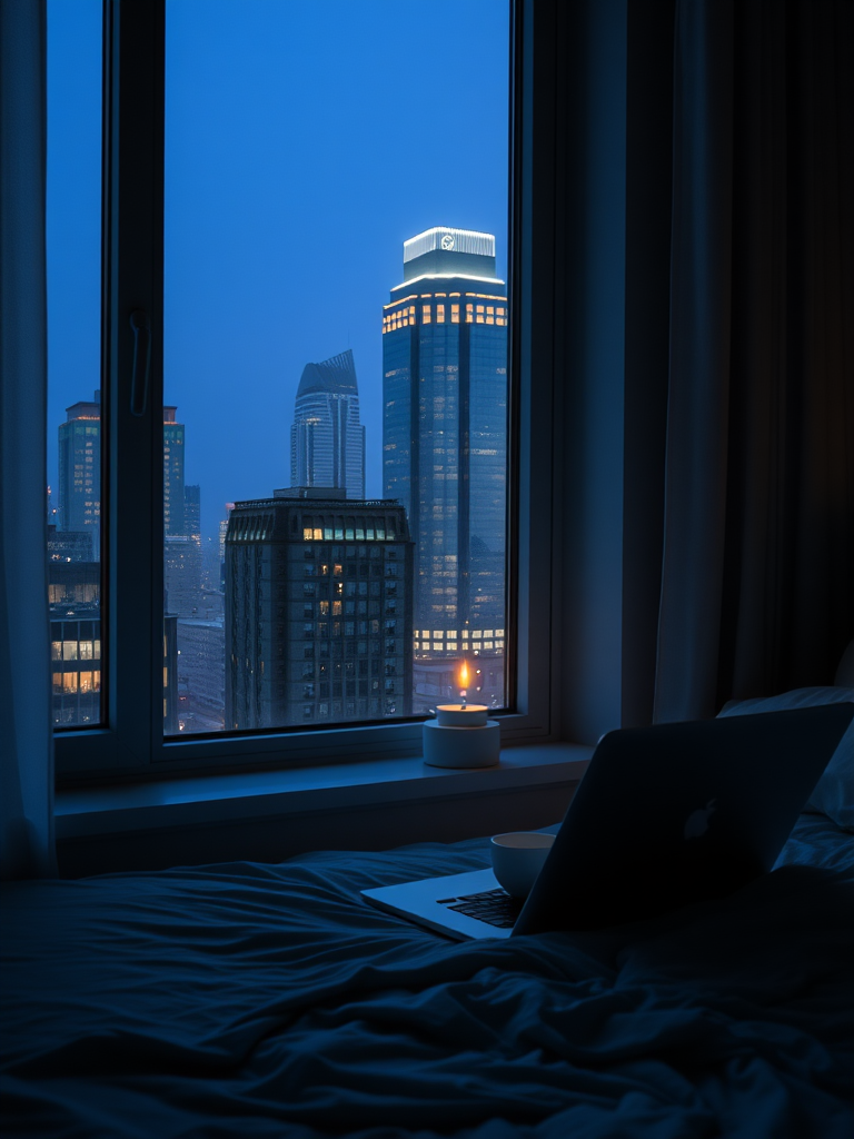 Window, bed, laptop, cup, night, no light, tall buildings, real, reality