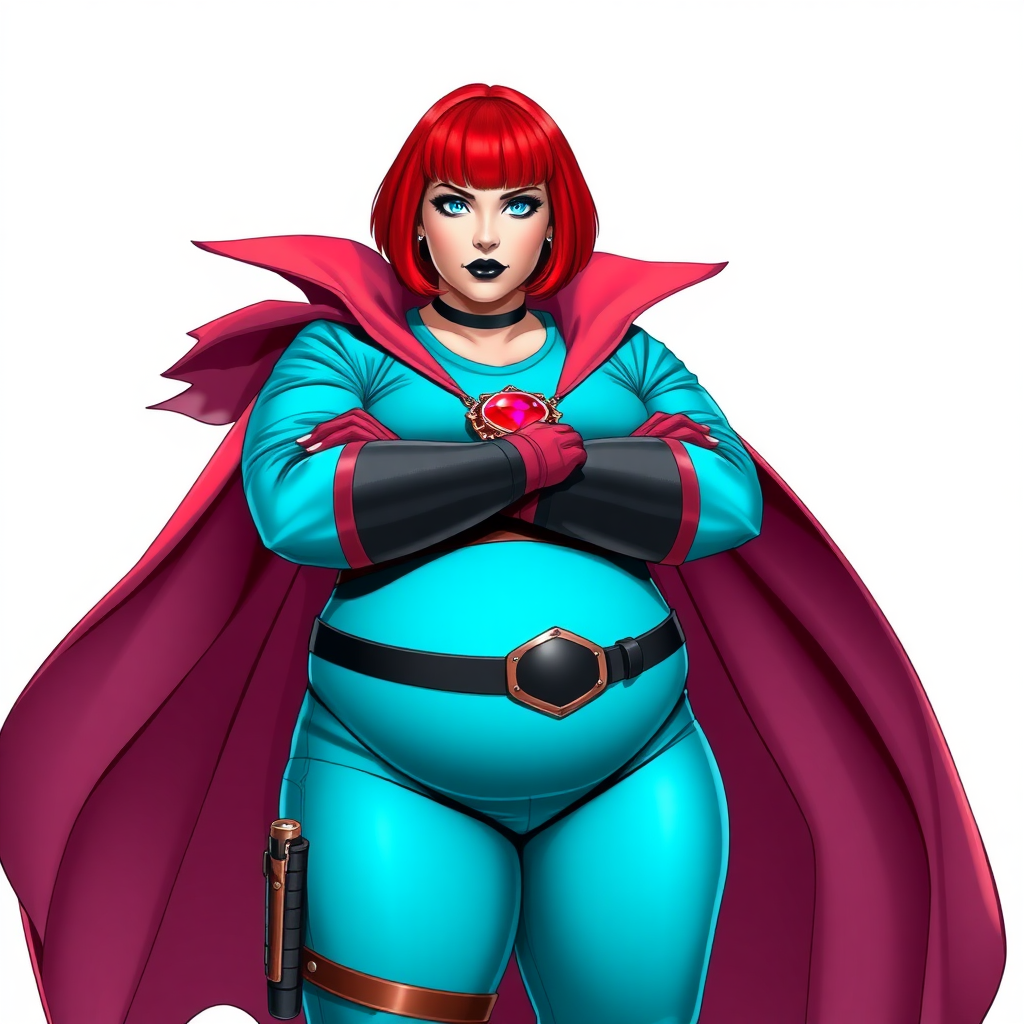 A 26-year-old, full-figured, magical girl vigilante detective becomes the heavily pampered mystical ally of her cyberpunk vigilante older brother figure. She has a bright red bob cut, black lipstick, and piercing bright blue eyes. She has a new non-athletic build, now highlighted by a prominent, round, gargantuan midsection (fully focused on her gargantuan belly), which shows the aftermath of her new pampered lifestyle. Despite her pampered physique, she shows full confidence. She wears a magical girl detective costume consisting of a gargantuan, magical, tight-fitting, maximum turquoise t-shirt (accentuating and emphasizing her gargantuan belly), maximum turquoise biker pants, complemented by a glowing neon red cape, a mystical ruby amulet (which is the source of her mystical powers), and magical red gloves glowing neon red. Her magical girl detective costume covers all her skin and emphasizes her full-figured physique (especially her gargantuan belly). Her stance is firm and resolute, arms crossed, exuding a no-nonsense attitude. Her costume reflects the influence of DC New 52 Prime Earth’s Phantom Lady, Jennifer Knight, while her pose embodies the moral ambiguity and determination reminiscent of DC’s Pax Americana’s The Question. She is on a solid white background. She is drawn as if she was in a retro 2D cyberpunk fighting game. She is clearly non-athletic, with a focus on her full-figured physique (especially her gargantuan belly). Make sure that her costume covers all of her bare skin (especially her gargantuan belly).