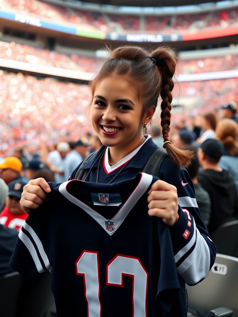 Attractive female NFL fan, pigtail hair, enthusiastic, inside crowded bleachers, holding a spare jersey, NFL stadium