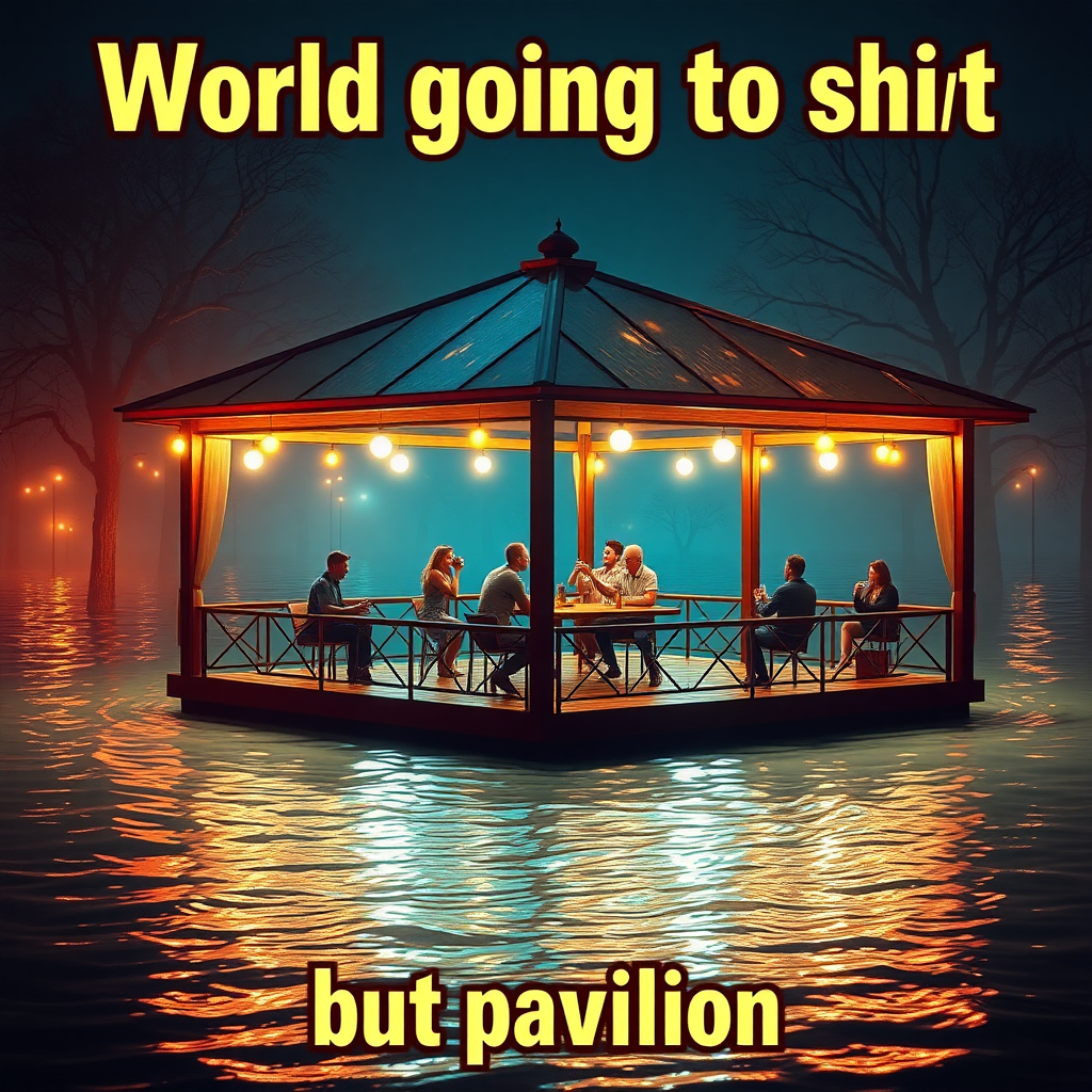 Create an image of a pavilion in a flooded environment and people comically partying on it drinking beer while the world is completely overflooded. Focus on the humorous contrast of the situation. Include the text "World going to shit" at the top and the bottom part should have the text "but pavilion". Make the image the central part of the image with warm glowing colors.