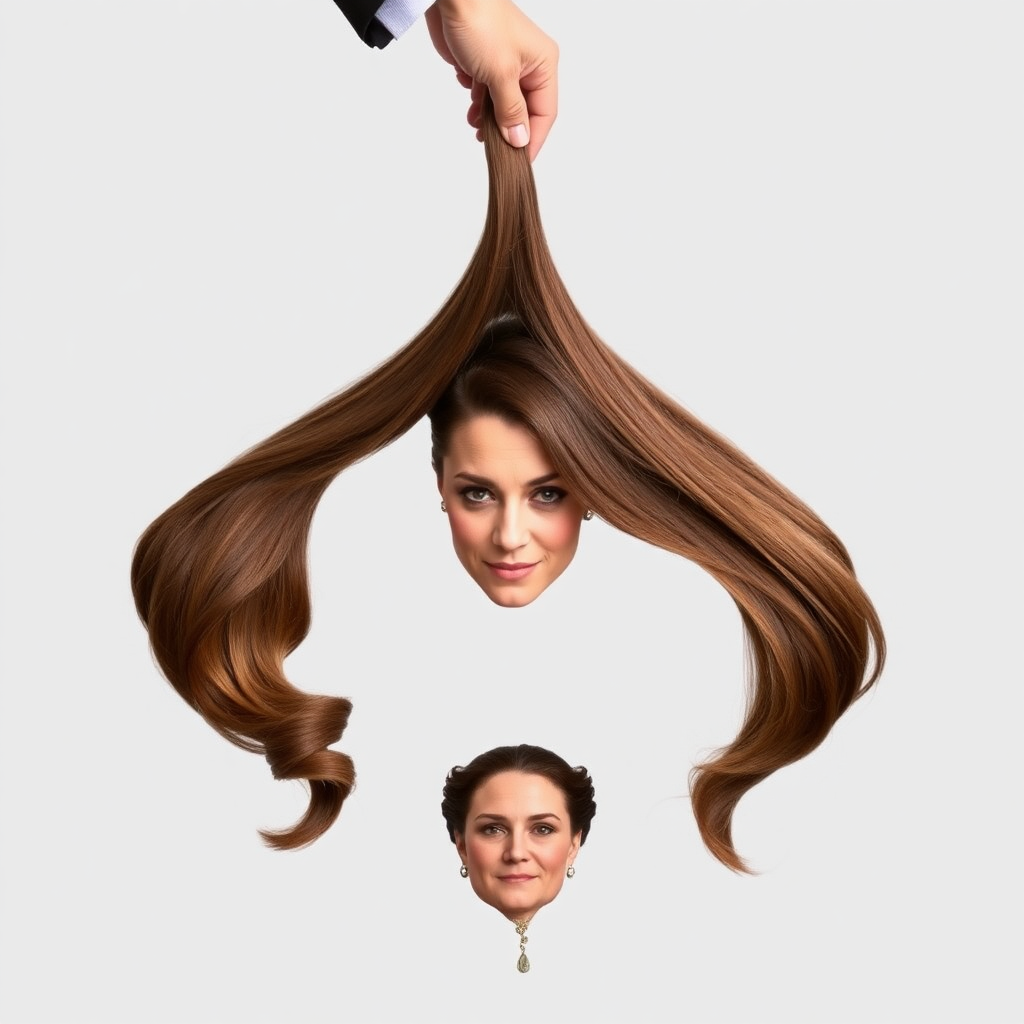 A surreal image of the beautiful disembodied head of a very long haired Kate Middleton. A hand is grasping the ends of her hair at the top of the frame while her head is hanging down from the other end. Plain gray background.