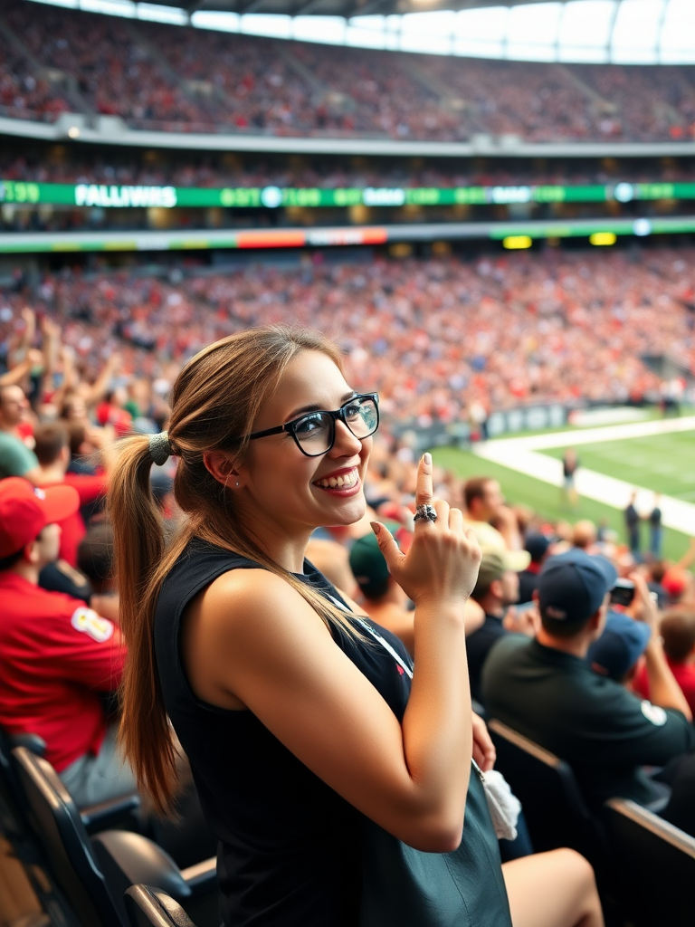 Attractive female NFL fan, pigtail hair, at crowded stadium bleacher row, cheering wildly