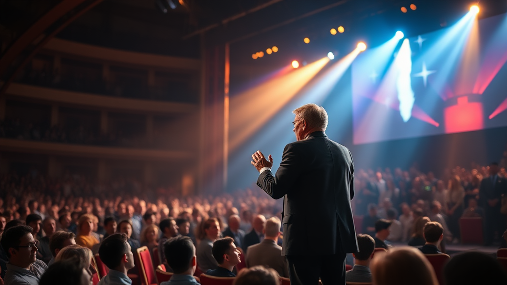 A powerful leader giving an inspiring speech on a grand stage, captivating the audience, dynamic lighting, dramatic backdrop, high detail, cinematic atmosphere, expressive gestures