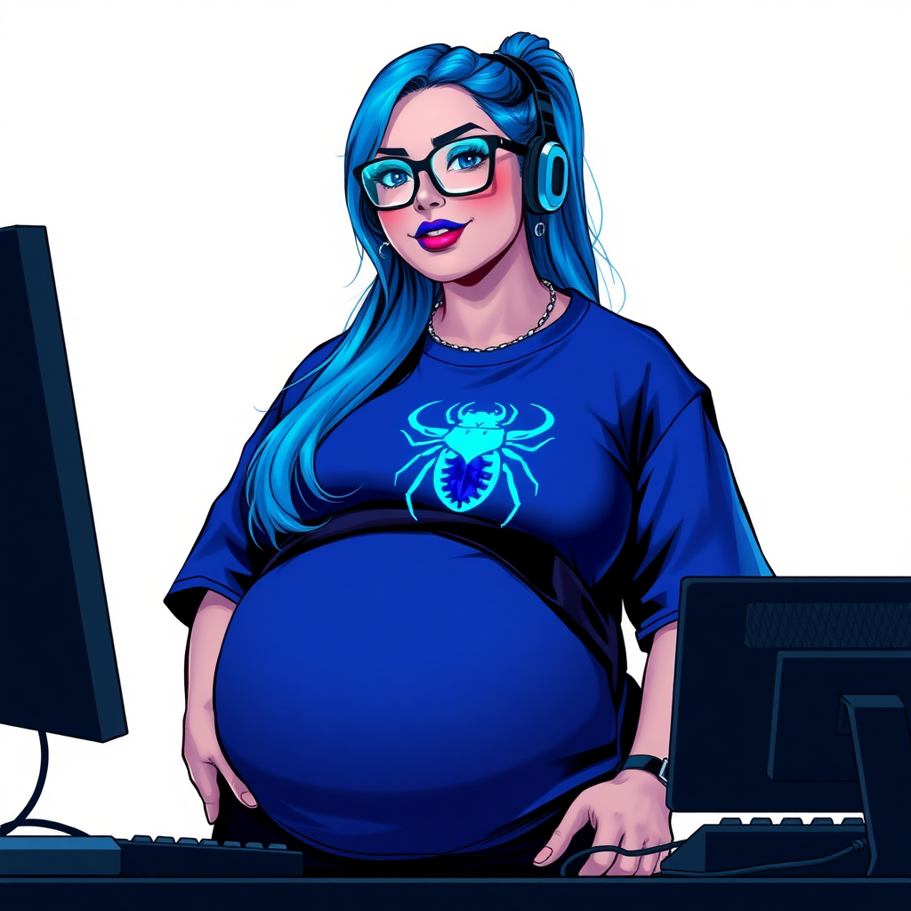 A cyberpunk vigilante’s full-figured intelligent and tech-savvy 28-year-old girlfriend, who is a computer hacker and tech genius. She has a long maximum blue ponytail. She wears maximum blue lipstick, bright blue eyes, a sapphire beetle gemstone necklace, sapphire earrings, black eyeglasses, and an oversized maximum blue t-shirt featuring a blue sapphire gemstone crusted scarab beetle chest icon. She has a full-figured physique with a prominent, massive, round belly, reflecting her well-cared-for lifestyle. She sports a sapphire headset with a hi-tech maximum turquoise lensed HUD, and a shy smile with a neon red blush. She serves as his tech expert from his hideout, diligently working at her lab table computer desk. The background is solid white. She is drawn as if she was in a retro 2D cyberpunk fighting game. Ensure her maximum blue t-shirt covers her belly.