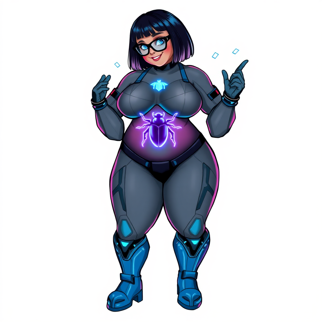 A heavily, extremely, and intensely pampered nerdy full-figured middle gray metallic skinned digital sidekick, a 28-year-old computer major, has been transformed by her doting vigilante boyfriend. Her metallic middle gray skin and bob cut seamlessly blend together simulating computer data, and her neon blue eyes glow with intelligence. Her physique, now showcasing a gargantuan round midsection, massive limbs, and broad shoulders, contrasted by a slim face, clearly reflects her indulgence and pampering. Her full figure is prominently highlighted, with her prominent, gargantuan, round midsection and massive limbs emphasizing her pampered sidekick status. As the loyal and supportive sidekick, she plays a crucial role in their missions, using her digital prowess to assist and protect.

She wears a digital maximum blue bodysuit, featuring a neon blue glowing beetle chest icon, digital maximum blue boots, and matching high-tech gloves. She bashfully giggles with a neon red blush, emitting neon blue data cubes from her body. Her full figure, heavily emphasized and fully shown, clearly shows how pampered she is. Her nerdiness is accentuated by her black oversized eyeglasses.

Her outfit, influenced by DC’s Jennifer Knight Phantom Lady, remains distinct. Adding to her pampering, she serves as his minicomputer, traveling in his high-tech wristwatch and supercar’s computer system. Using her ability to hack into computers and machines, she relays crucial knowledge relating to his missions.

Her prominent, gargantuan, rounded midsection and massive limbs are on full display, emphasizing her indulgence and pampering while maintaining her nerdy physique. She is on a solid white background. She is drawn as if she was in a retro 2D cyberpunk fighting game. Ensure her midsection is round. Ensure her is distinct.