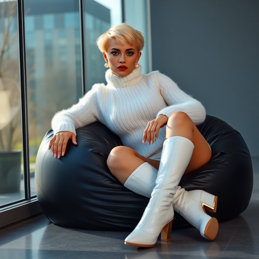 Sunny spring morning, modern glass-steel-concrete office, resting on black leather beanbag at wall, waiting for the master: Ana, European 17 years old very convincing femboy “trophy-bimbo”, tamed servile docile, very beautiful feminine flawless face, rather short boyish figure, platinum blond short tight curls, bold red lips, heavily made-up face, long French nails, wearing Supertanya-style chunky fluffy very fuzzy bright white plushy mohair figure-hugging turtleneck-knitdress with white pearl decoration, white vinyl thigh-high boots with golden heels, pearl earrings, serious, leaning forward presenting her assets, arrogantly looking at camera.