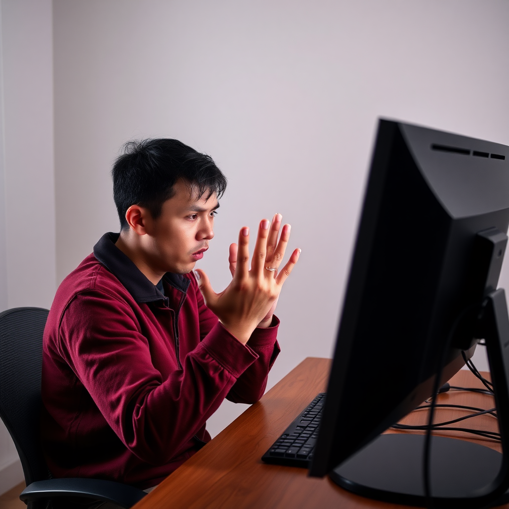 Desperate user in front of the computer. Take your time in creating and check the number of hands and fingers.