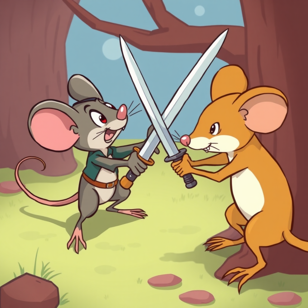 cartoon illustration of a mouse having a sword duel with another mouse