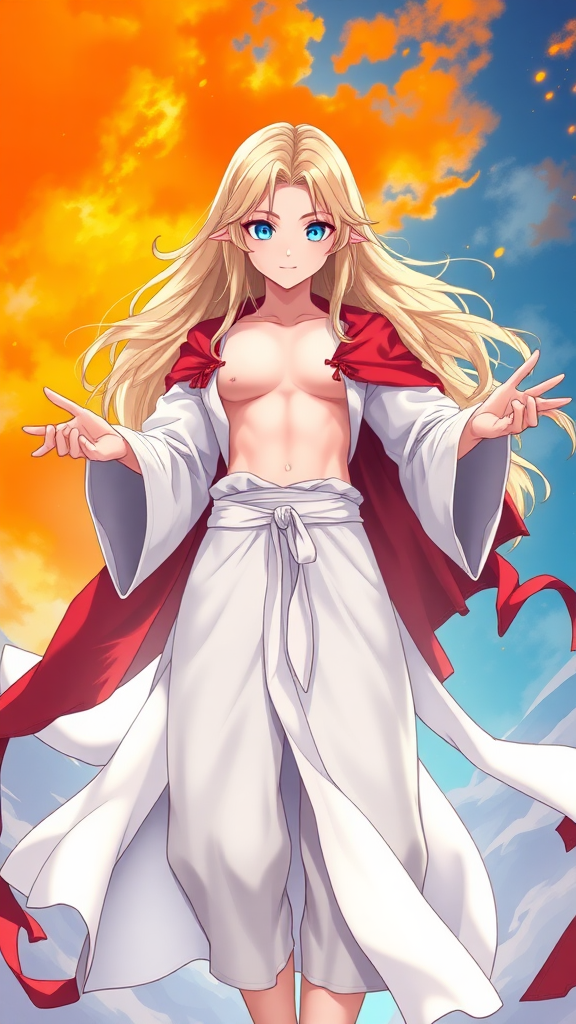 young femboy, flat chested, flat chest, feminine, long blonde hair, blue eyes, flowing white robe, hands, hands open, flowing red burned tattered cape, levitating. orange and blue background. epic heroic pose, fantasy, masterpiece, HD, 8K, High Contrast anime, anime style