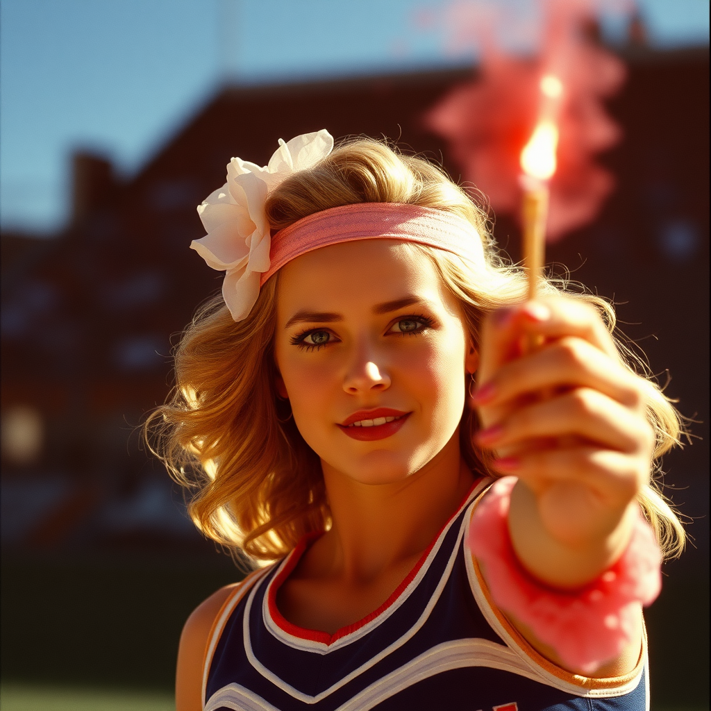 Highly detailed Kodachrome color real surrealist photograph from 1974 of The cheerleader waves her cyanide wand There's a smell of peach blossom and bitter almond