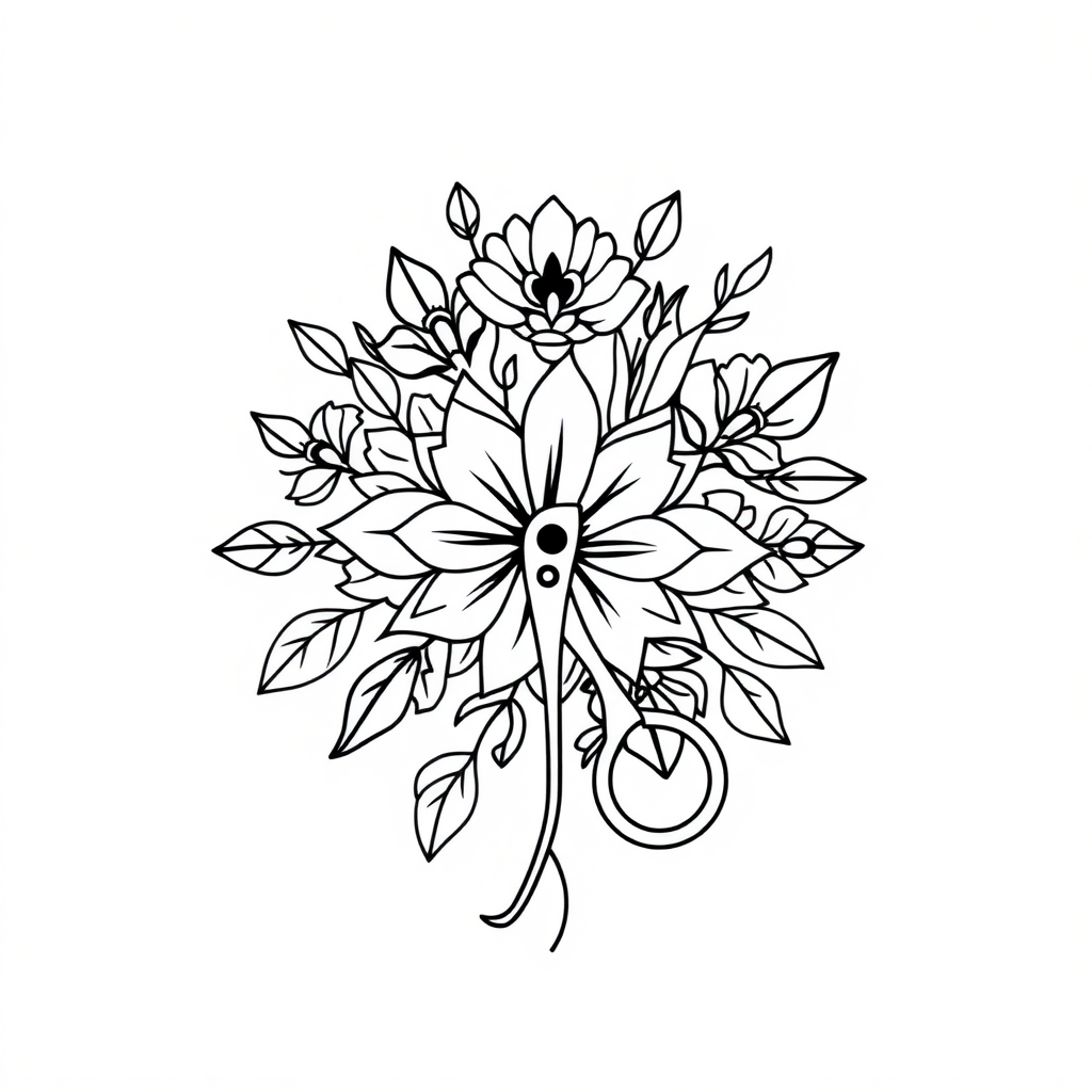 a black on white, floral, line design containing a scalpel and medical iconography