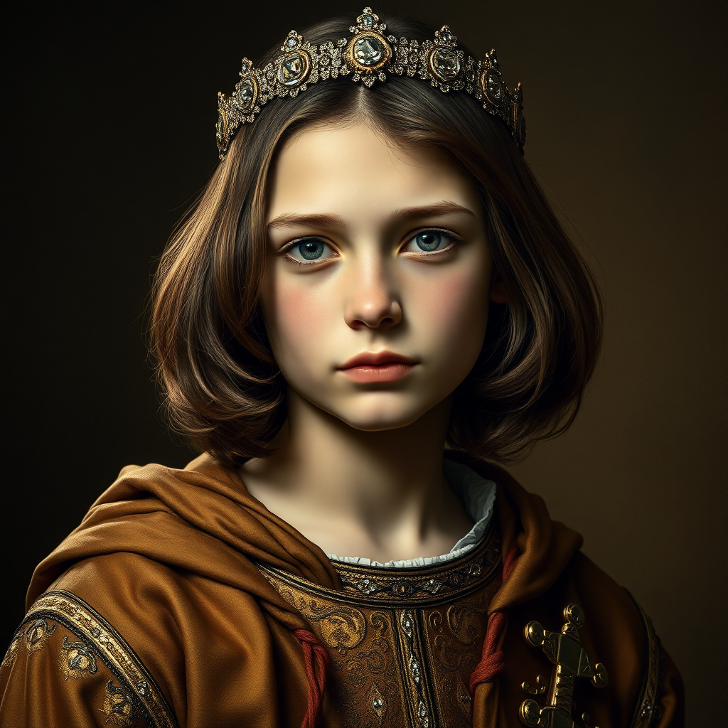 16yo teen boy prince, 40% skinny, long bob cut, embroidered with gold and diamonds medieval cloths, diamond diadem and Beautiful War, natural Skin Texture, skin tanned and rough like a Boy Scout, visualization of embossed Skin using the play of light and shadow. Free style by 50% Adolphe William Bouguereau, Academic realism and 15% Sandro Botticelli, early Renaissance and 35% Otto Lomüller, Boy Scout photorealism. The background is in the style of landscape style by Antonio del Polaiolo. Studio lighting, professional lighting. Generating the signature at the bottom: FluxBach. ultra high resolution, 16K,