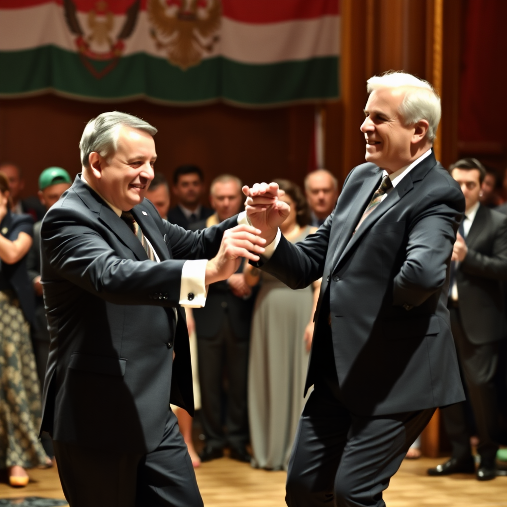 Orbán Viktor (prime minister of Hungary) is dancing with Lázár János (minister of Hungary).