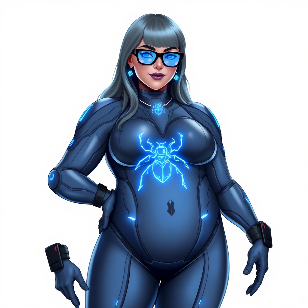 A 29-year-old computer science major, she is the devoted girlfriend of a vigilante and serves as his dotingly pampered, full-figured, nerdy, Middle Gray (N5) metallic digital sidekick. She has become a Computer Program hybrid, with a unique, metallic Middle Gray (N5) skin color that blends with her hair, appearing to merge together as computer data. Her long hair and skin are the same metallic Middle Gray (N5) blending together to appear to merge as computer data. Her neon blue eyes are mesmerizing. Her full figure, especially her prominent, round, gargantuan midsection, shows just how heavily fed and pampered she is, with sequoia-sized limbs and broad shoulders. Her midsection is bloated to emphasize the figure she gained from her pampering.

As a loyal and supportive sidekick, she plays a crucial role in their missions, using her digital prowess to assist and protect. She wears a blue sapphire scarab necklace and blue sapphire earrings, which she received as symbols of their love before his 5-year disappearance. Her digital Maximum Blue (RGB 71, 171, 204) bodysuit features a neon blue glowing beetle chest icon. She is equipped with high-tech features, including holographic displays and integrated hacking tools. She has matching high-tech gloves. She emits neon blue data cubes from her body, set against a solid white background.

Heavily, attentively, and immensely pampered through being well-fed since their reunion, her full figure clearly shows the extent of care she has received. Despite her digital enhancements, she retains her human vulnerabilities, including hunger and sleep, and is not immune to human weaknesses. She has the ability to hack into computers and machines, and her nerdiness is blatantly obvious with her black oversized eyeglasses. Her full figure, especially her gargantuan midsection, is prominently displayed and heavily emphasized. Her outfit, influenced by DC’s Jennifer Knight Phantom Lady, remains distinct.

Despite her boyfriend’s limited resources, she assists in the war on crime by serving as a minicomputer, traveling in a high-tech wristwatch and supercar’s computer system. Using her hacking abilities, she relays crucial knowledge related to missions. She has a beaming smile. She is drawn as if she was in a retro 2D cyberpunk fighting game. Their love for each other is evident.