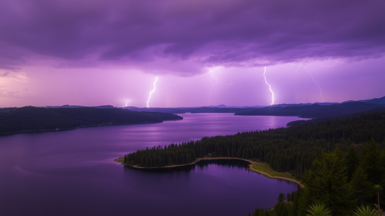 photo, lakes, nature, purple sky, lightning