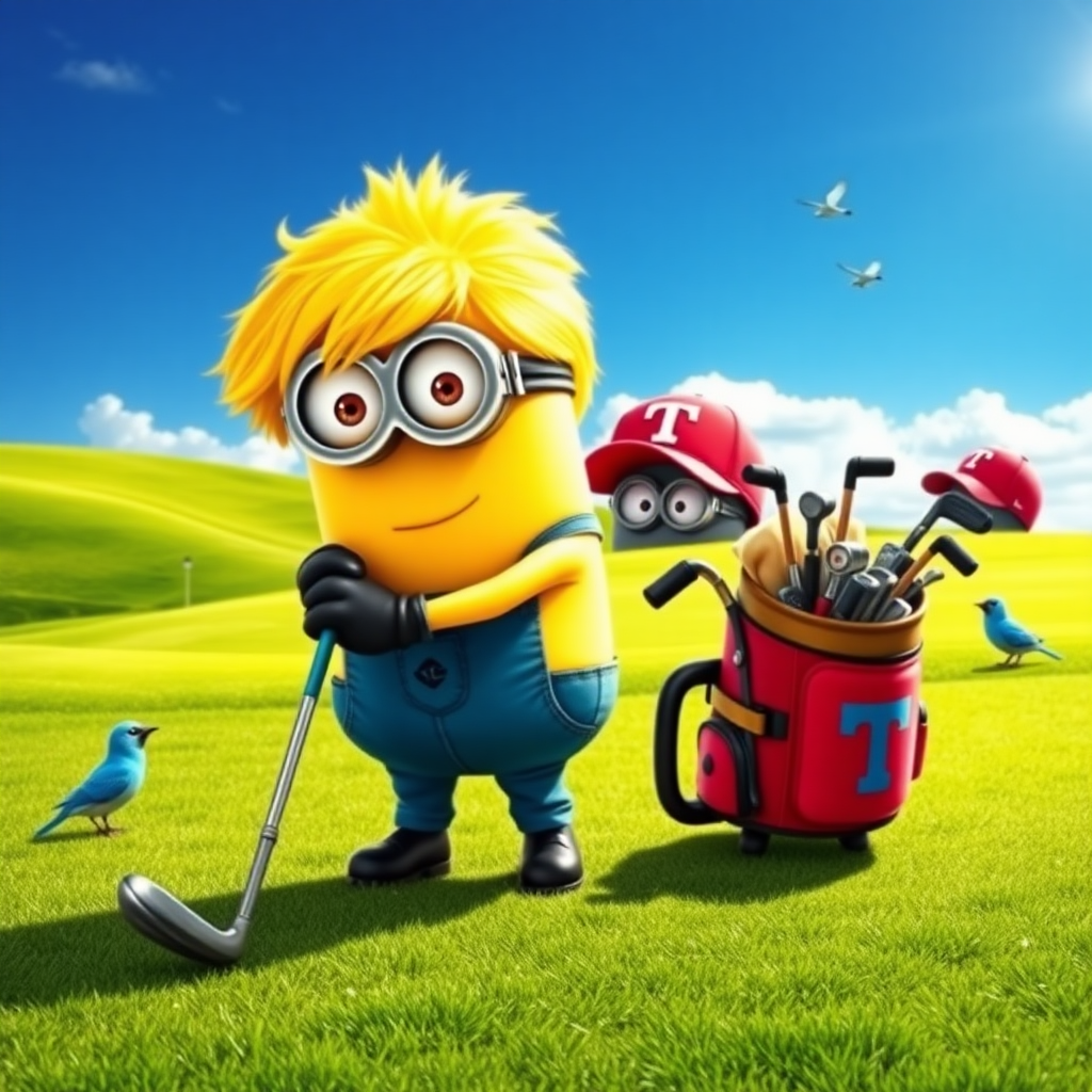 A minion from "Despicable Me" is playing golf on a beautiful golf course. He has a big bright yellow wig of hair. Another minion wearing a red ballcap with the letter "T" emblazoned on it is carrying his golf bag with the golf clubs in it. There are bluebirds and sunshine and the scene is beautiful and peaceful.