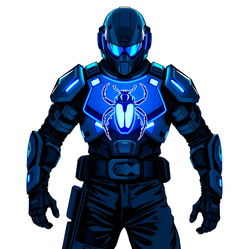 A 28-year-old cyberpunk vigilante stands heroically, clad in high-tech, maximum blue, light armor featuring a neon blue glowing beetle on the chest. They wear black biker pants, a black belt with a sapphire beetle buckle, and a head covering helmet resembling a sleek, tactical design, but colored maximum blue with neon blue glowing lenses. Their hands are protected by black metal gloves, all set against a solid white background. He is drawn as if he was in a retro 2D cyberpunk fighting game.