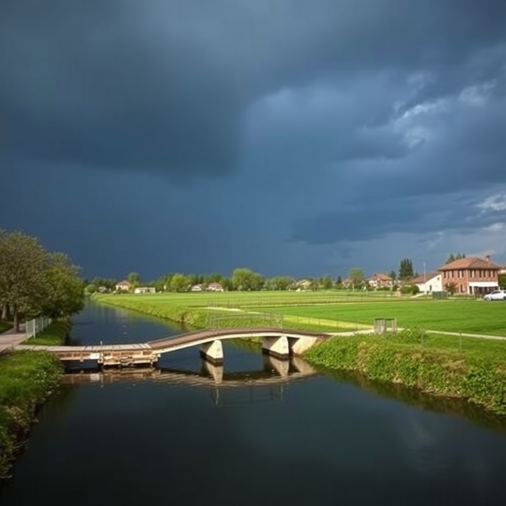 very cloudy black sky, threatening rain, in the Veneto countryside, with a small bridge on 2 piers over the canal.