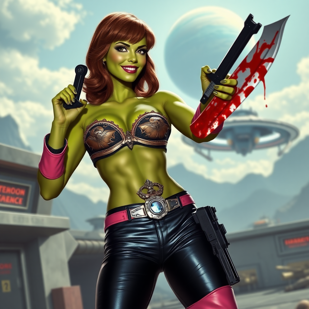 Tall, beautiful green skinned woman. Her brown hair is in a shag-cut style. Her eyes are gold. She is dressed in an ornate metal bra. She is wearing black leather pants, with pink knee high boots. She is holding a large, bloody dagger in a threatening manner. She is smiling. A sci-fi looking gun is holstered at her hip. She is at a sci-fi space-port. A spaceship is seen in the sky, a ringed planet behind it.