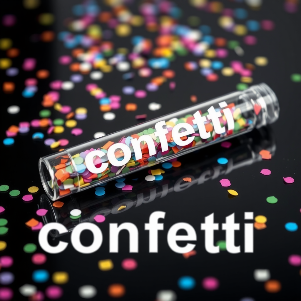 A photo of a glass fat transparent plain uniform confetti popper tube with colorful confetti inside and with text "confetti" on it, lying flat at an angle on black glossy surface, with confetti around it, distant confetti blurred, white bold text with a black border, reflections on the tube glass, tube closed from both ends.