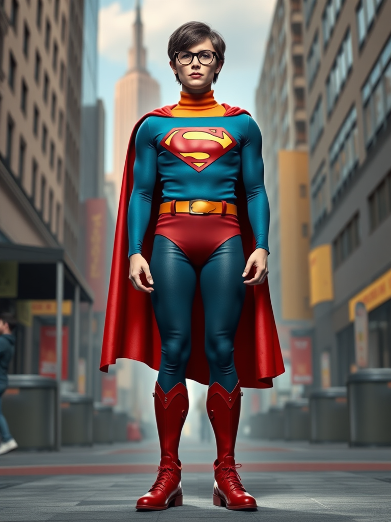 Create a full-length image of Superman with the body type and costume elements of Velma Dinkley. Blend the iconic Superman suit with Velma's accessories, like glasses and an orange turtleneck. Set the background in an environment that appropriately merges elements from both Superman's Metropolis and Velma's Mystery Inc. settings.