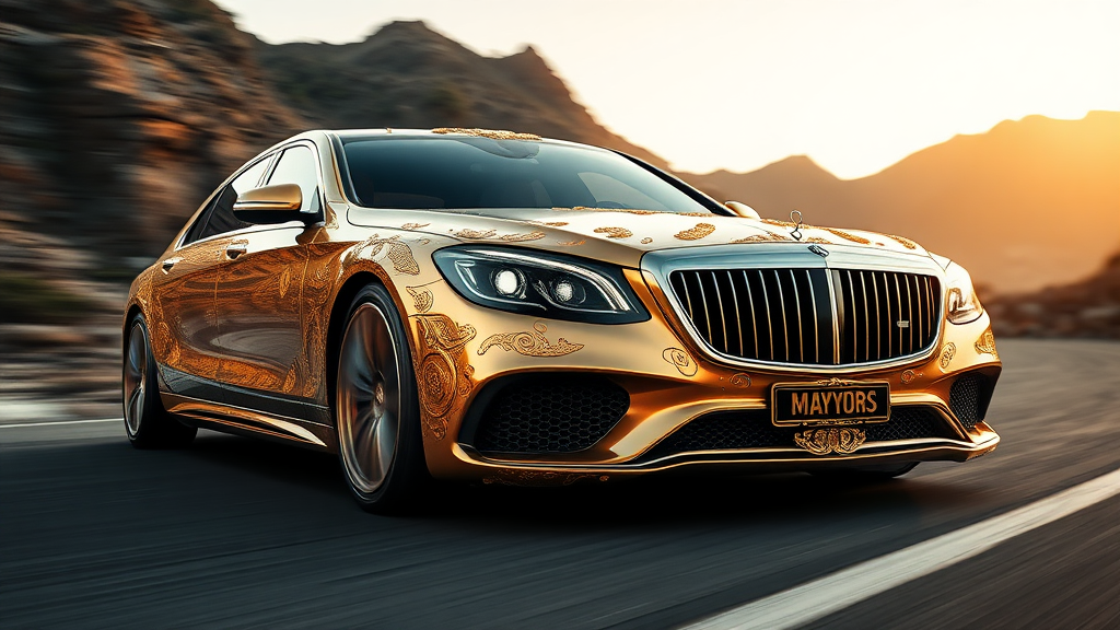 futuristic maybach s680 sedan, A luxurious, gold-plated car adorned with intricate, ornate designs and carvings. The vehicle features prominent headlights and a distinctive front grille, showcasing a fusion of elegance and extravagance. Set against a backdrop of mountains road motion blur