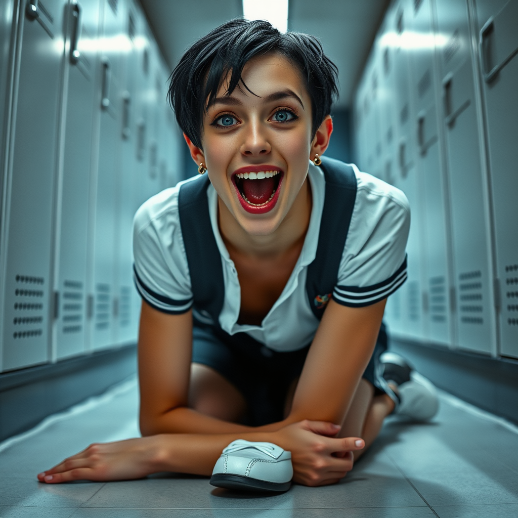 photorealistic, ultra high resolution, 16K, surreal fantasy, soft studio lighting, a pretty 17 year old goth male, slim male physique, short dark hair, blue eyes, goth makeup, earrings, sheer pantyhose, UK girls-school uniform, Mary-Jane shoes, kneeling on the floor of the locker room looking up at the camera, excited open mouth smile, drooling saliva, facing the camera.