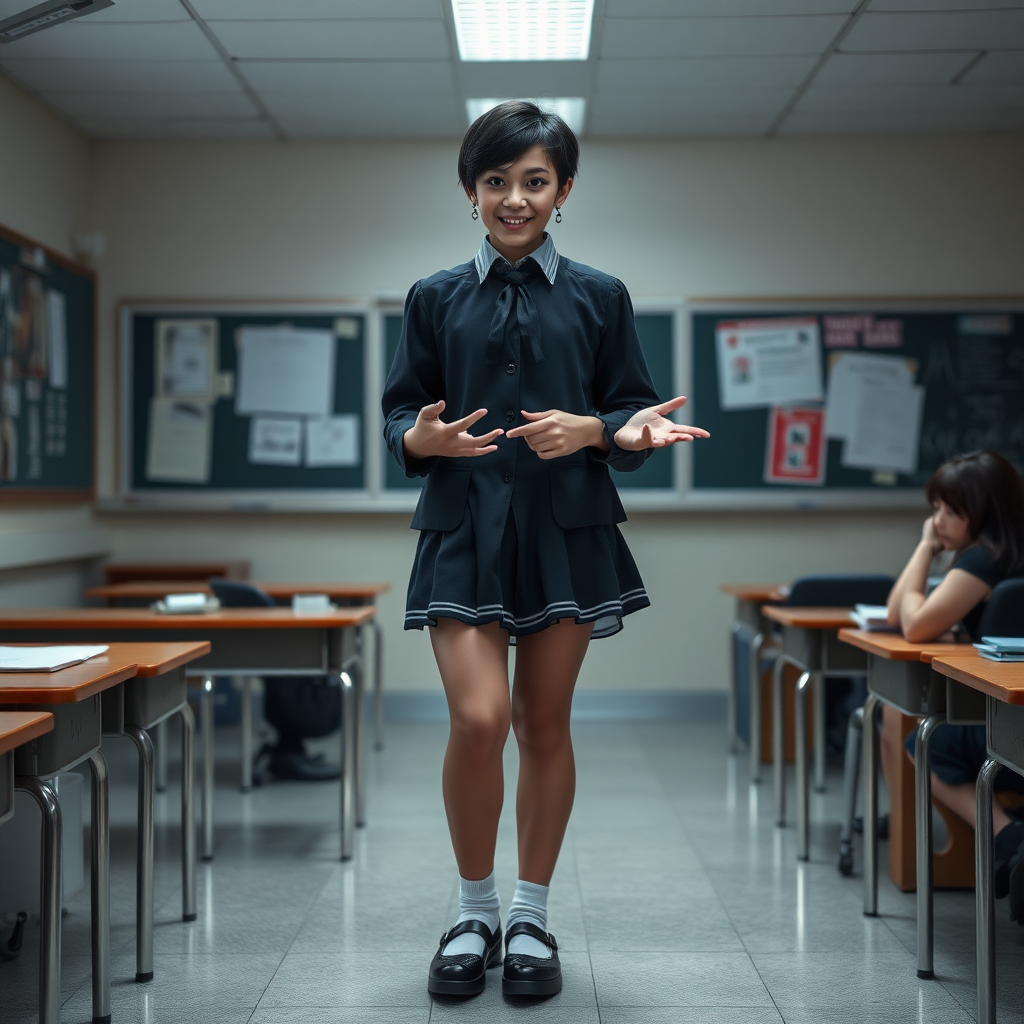 photorealistic, ultra high resolution, 16K, surreal fantasy, soft studio lighting, a pretty 17 year old goth male, slim male physique, short dark hair, blue eyes, goth makeup, earrings, sheer pantyhose, UK girls-school uniform, Mary-Jane shoes, standing in the classroom delivering a talk, excited smile, facing the camera.