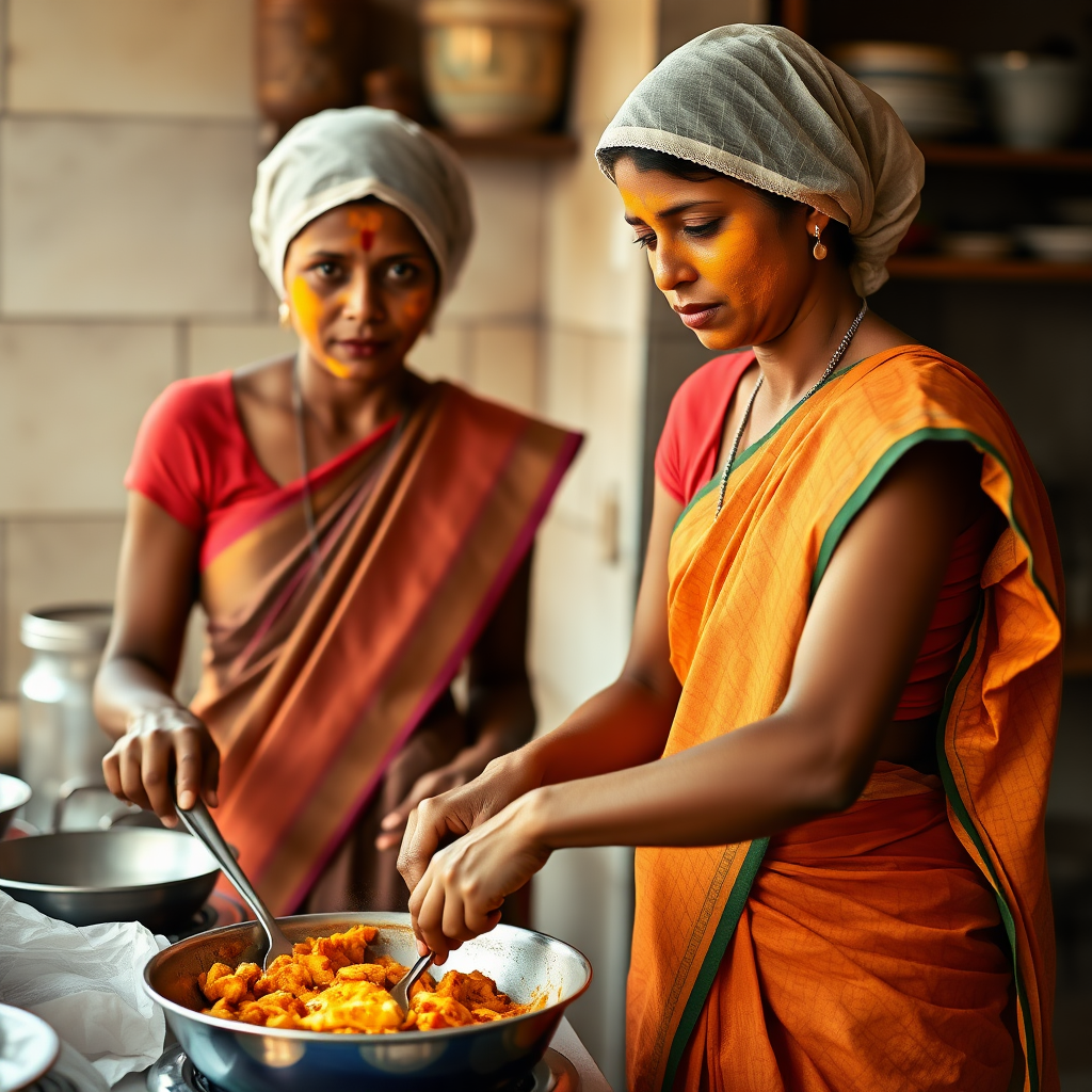 2 slim, 30-year-old Indian maids with hair coverings. Saree pallu tucked to waist. They are cooking food in the kitchen. Their face is covered with a turmeric face mask.