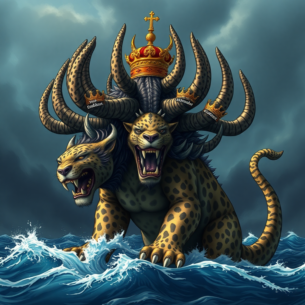 A beast with ten horns and seven heads rising out of the sea. There are ten royal crowns on its horns and blasphemous names on its heads. The beast is like a leopard, with the feet of a bear and the mouth of a lion.