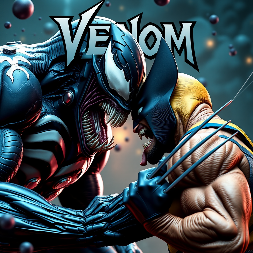 On a comic book cover is Venom Vs Wolverine in Cinematic Real3d photo-realistic quality.