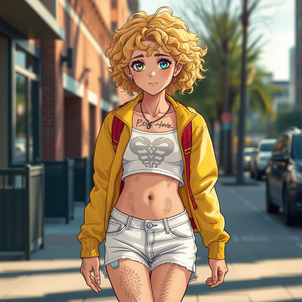 Ultra Realistic taken photo style image, Extremely good quality 8k resolution drawn manga image of a 15 year old petite and short tomboy girl with golden blonde curly hair with mixed and different colored eyes for each eye and moles on her entire body and is a white American girl, Has on a Gold Jacket over a white extremely short crop top only covering her breasts and nothing more with a design on it, and has on ripped shorts and cool looking sneakers and a deep and big scar on her stomach from a huge injury she had, with a bright color backpack, ear piercings on, walking on the street to school in the morning with the beautiful sunlight lighting up her body beautifully.