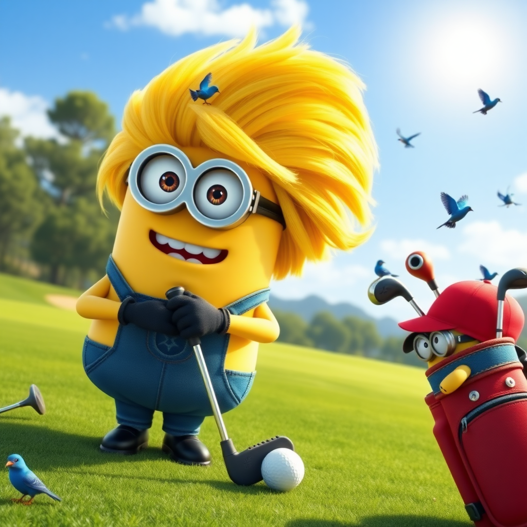 A minion from "Despicable Me" is playing golf on a beautiful golf course. He has a big bright yellow wig of hair. Next to him, another minion wearing a red ballcap is holding his golf bag with the golf clubs in it. There are bluebirds and sunshine and the scene is beautiful and peaceful.