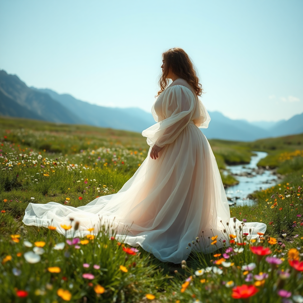 A full figured person in a fully translucent, flowing gown. She is on her hands and knees in a field of wild flowers, with mountains in the background. A stream is running through the field.