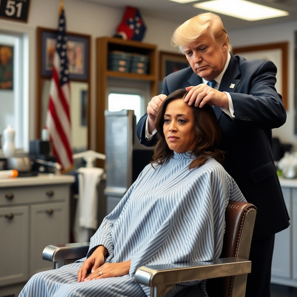 Kamala Harris sitting in a barbershop while Donald Trump cuts her hair.