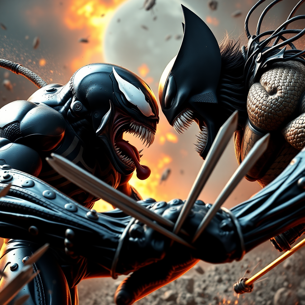 jumping out of an epic comic book cover is Venom Vs Wolverine head-to-head in battle. Cinematic Real3d photo-realistic quality.