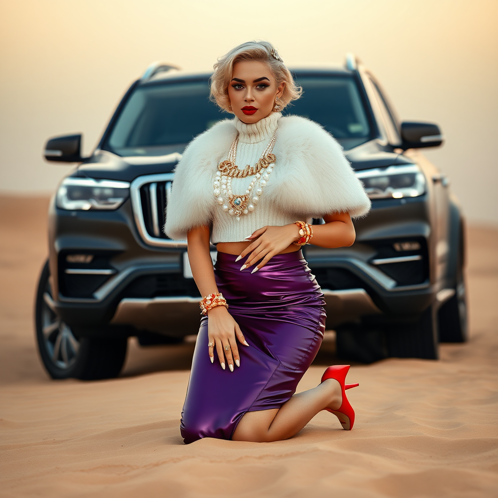 Kuwait desert dunes misty dawn, full size luxury SUV: Melissa, European 17 years old very convincing femboy “trophy-bimbo”, tamed servile docile, very beautiful feminine flawless face, rather short, by hormones very curvaceous womanly figured, platinum blond short tight curls, bold red lips, long white French nails, heavily made-up face, wearing Supertanya-style fluffy very fuzzy bright white angora turtleneck-poncho cropped ending under bust decorated with pearls and glass stones, very tight purple vinyl midi pencil skirt, bright red pumps with golden very high heels, white pearl belly piercing, full Oriental bridal jewelry including headpiece, nose-ring, coin wristlets, coin anklets, striking diamond “Bimbo” letter brooch on left chest, thick heavy pearl wristlets, pearl anklets, pout frustrated, kneeling in sand in front of SUV, looking at camera. Focus on face and turtleneck-poncho.