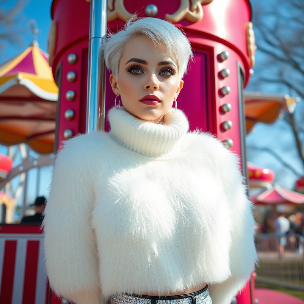 Amusement park “kissing booth”, sunny spring Sunday morning. Sam, 19 years old beautiful involuntary femboy, rebellious intractable character, petite boyish figure, platinum blond boyish rebel punk hairstyle, flawless heavily made-up face with sharp arched tattooed eyebrows, wearing Supertanya-style fluffy very fuzzy bright white angora thigh-length turtleneck-poncho fully covering body and arms, silver-glitter leggings, black leather high-heeled pumps, silver earrings, both hands tied to pole behind back, standing inside kissing booth, waiting for next customer to kiss. Focus on Sam’s face and turtleneck-poncho.