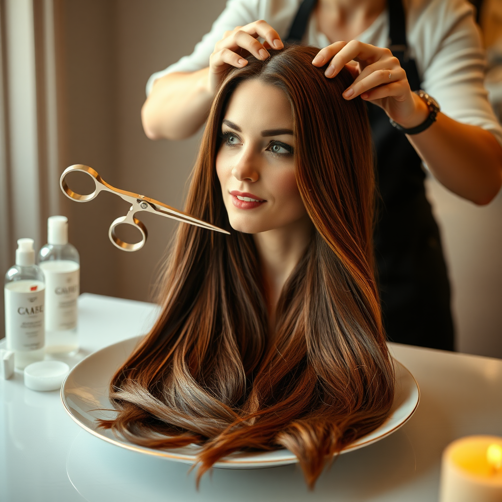 In a bizarre, surreal tableau, the polished surface of an elegant dining plate cradles the disembodied head of a strikingly beautiful Kate Middleton, her long, flowing hair cascading like a glossy waterfall of deep chestnut and honey highlights. The hair is luxuriously arranged, strands shimmering under the soft, ambient light that bathes the scene in an ethereal glow.

A skilled hairdresser, clad in a sleek black apron, stands poised with a pair of gleaming scissors, carefully trimming the endlessly luxurious locks that frame Kate's serene, almost ethereal features. The air is thick with the scent of salon products mingling with delicate hints of floral fragrances, creating an unusual yet strangely inviting atmosphere. The hairdresser's focused expression reveals a meticulous dedication as snippets of hair fall gracefully onto the pristine plate, echoing a sense of both artistry and absurdity.

The overall emotional tone conveys a dreamlike quality, inviting viewers to ponder the juxtaposition of beauty, identity, and the bizarre circumstances that bind them in this extraordinary moment.