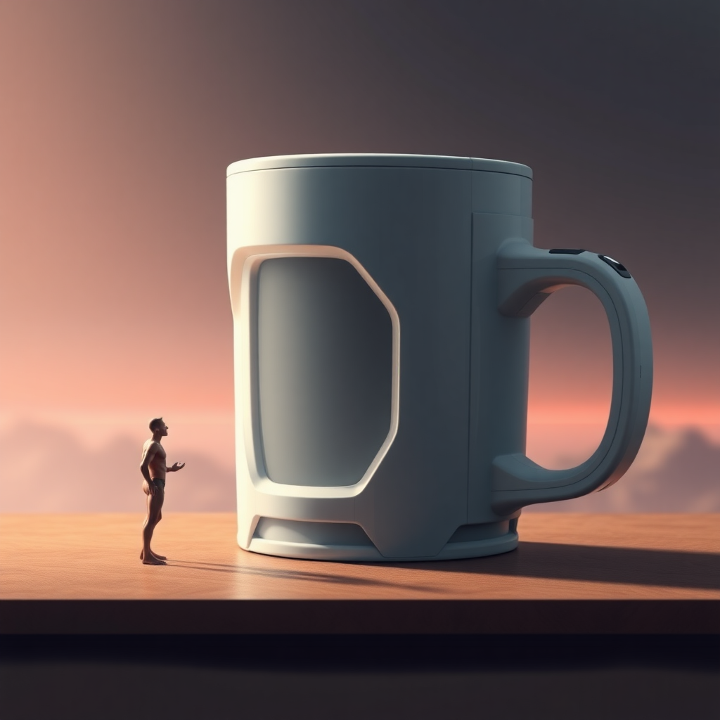 Sci-fi digital art. Tiny naked man standing on table near a futuristic mug that looks huge compared to him. Looking up at the viewer with arrogance.