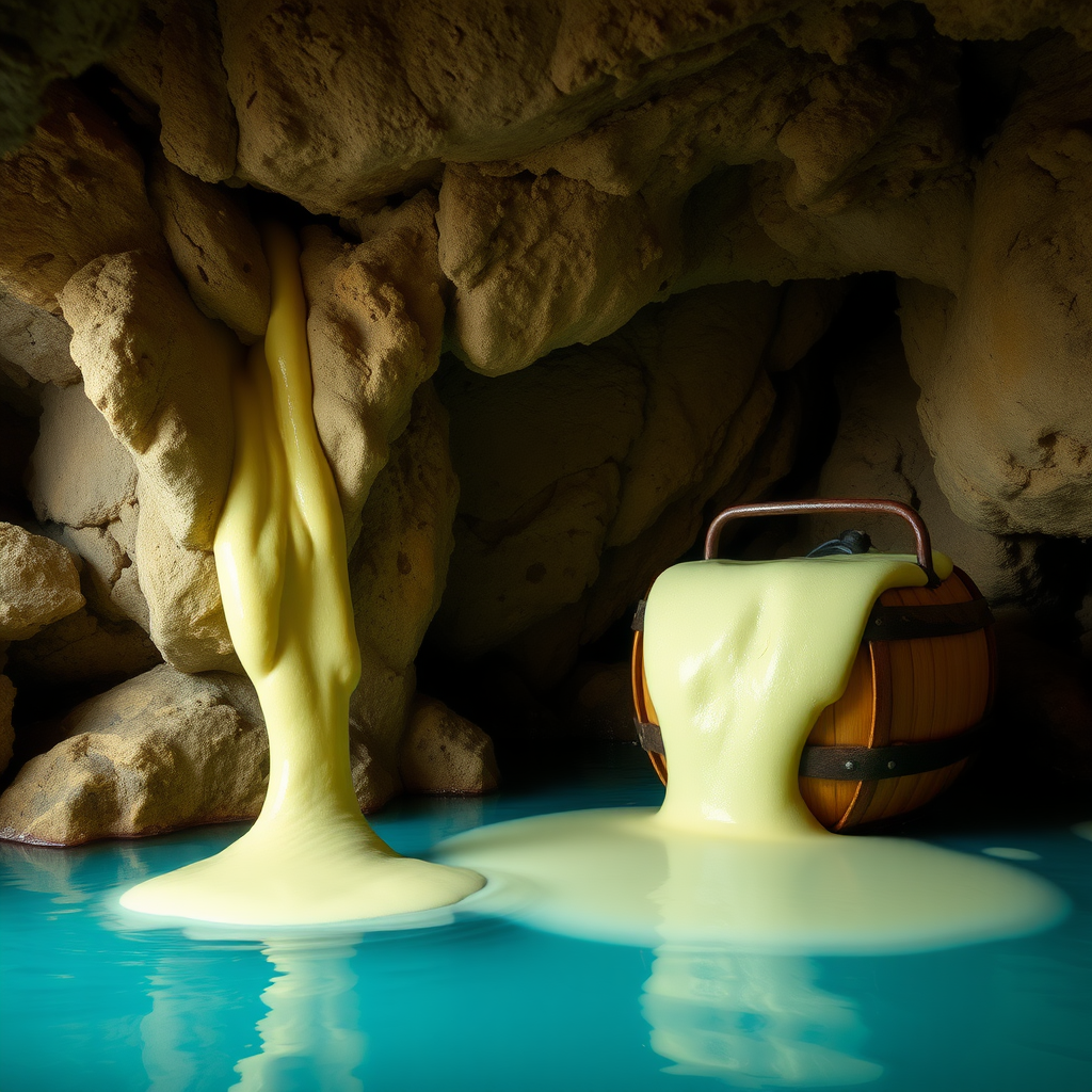 A photo realistic pool in a cave with a wooden barrel near it and a pale yellow slime crawling into the barrel.